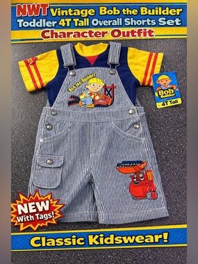 Vintage Bob the Builder Overall Shorts Set Toddler 4T Tall Striped denim Outfit